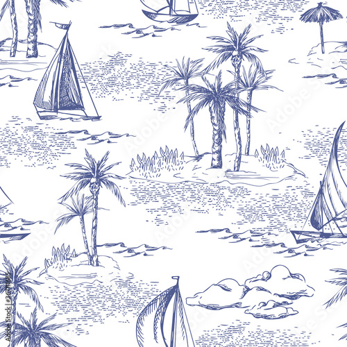 Tropical Seascape. Hand Drawn Seamless Pattern.