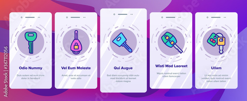 Car Key Equipment Onboarding Mobile App Page Screen Vector. Car Key Device Different Style, With Buttons And Trinket, Lock And Open Padlock Illustrations