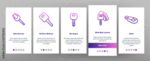 Car Key Equipment Onboarding Mobile App Page Screen Vector. Car Key Device Different Style, With Buttons And Trinket, Lock And Open Padlock Illustrations