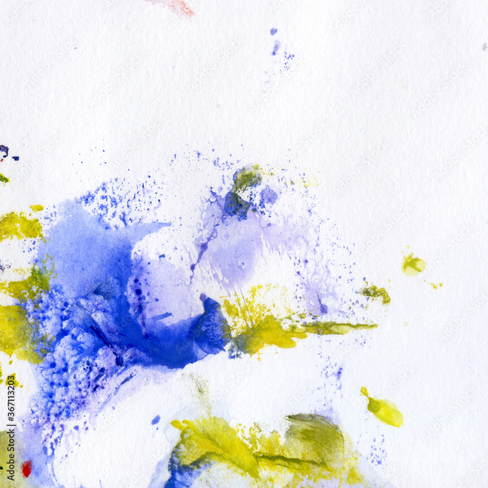 Watercolor illustration. Texture. Watercolor transparent stain. Blur, spray. Blue and yellow color.