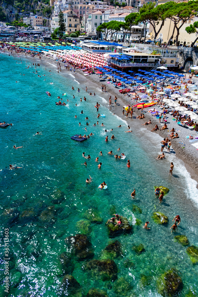Italy, Campania, Amalfi - 16 August 2019 - View of the spectacular beach of Amalfi