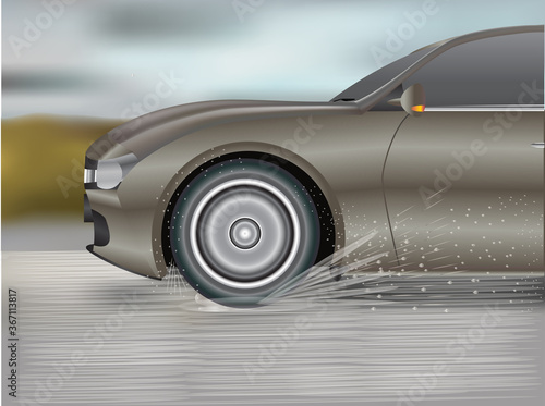 Vector illustration of aquaplaning by tires of a car on wet road © Pankaj_Digari