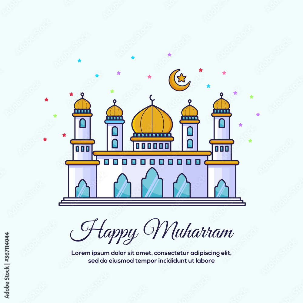 Flat design of mosque for islamic new year / Muharram concept on Background Vector