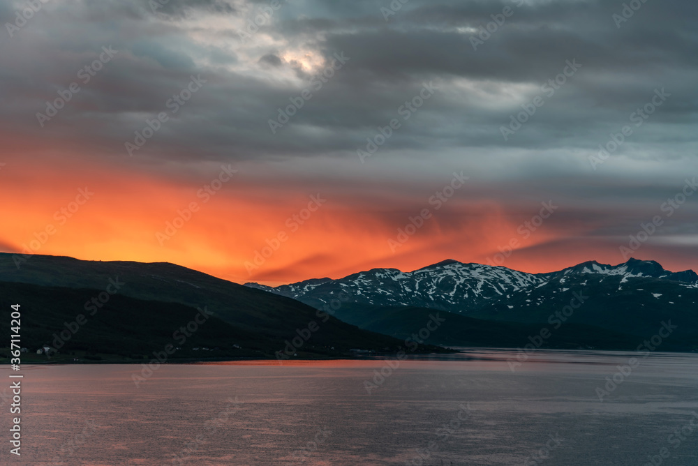 NORWAY, RINGVASSOYA - JULI 25, 2020 - spectacular sunset over Ringvassoya, island near Tromso