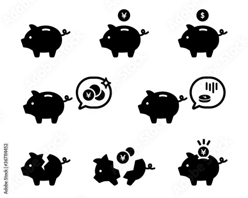 ブタの貯金箱のアイコンのセット／お金／家計／ビジネス
