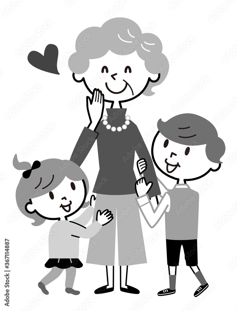 お婆ちゃん　孫たち　モノトーン