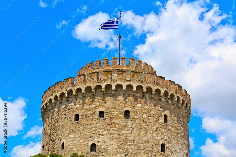  The White Tower in Salonica, Greece against blue sky 