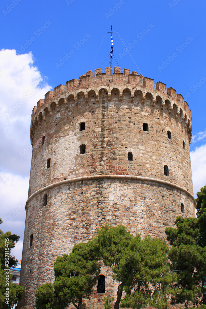  The White Tower in Salonica, Greece against blue sky 