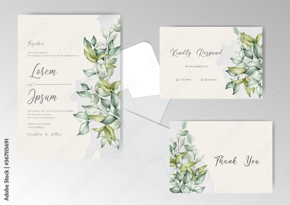 Foliage and Greenery Watercolor Wedding Invitation Cards set Template