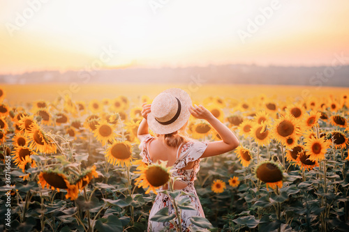 Beautiful summer nature amazing sunny sunset flowering field. Yellow orange sunflower flowers. Young modern woman turned away, enjoys harmony nature, rural relaxation. Girl touches straw hat on head