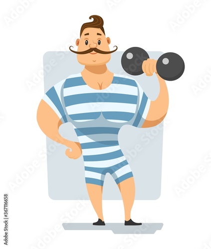 Strongman in a striped suit with a dumbbell in his hand. Circus performance. Vector illustration of a smiling athlete.