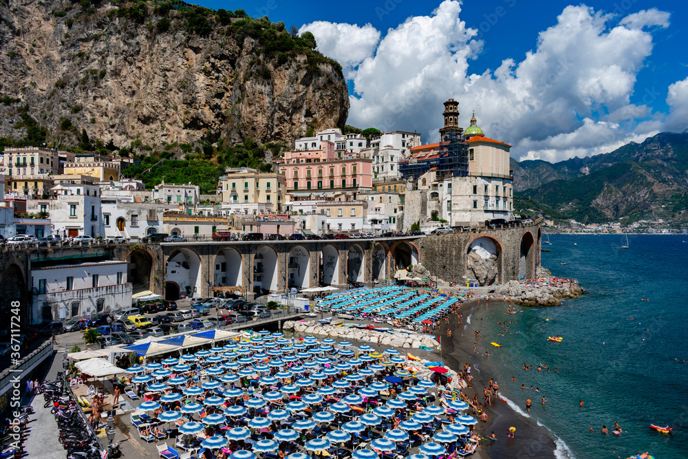 Italy, Campania, Atrani - 16 August 2019 - Summer view of Atrani on the Amalfi coast