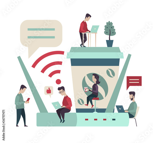 Free Wi-Fi zone design concept. A large router, a cup of coffee, men and women sit and stand with laptops and phones in their hands. Vector illustration for business banner or poster.