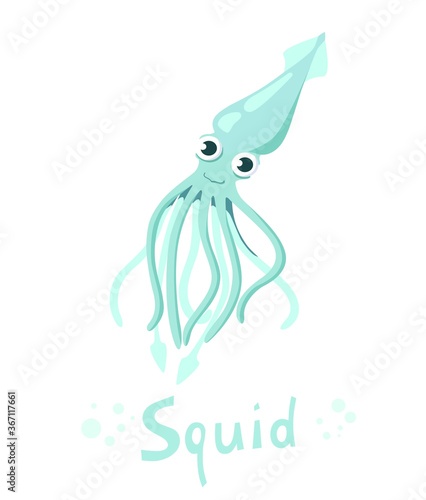 Squid animal cartoon character isolated on white background. Vector illustration