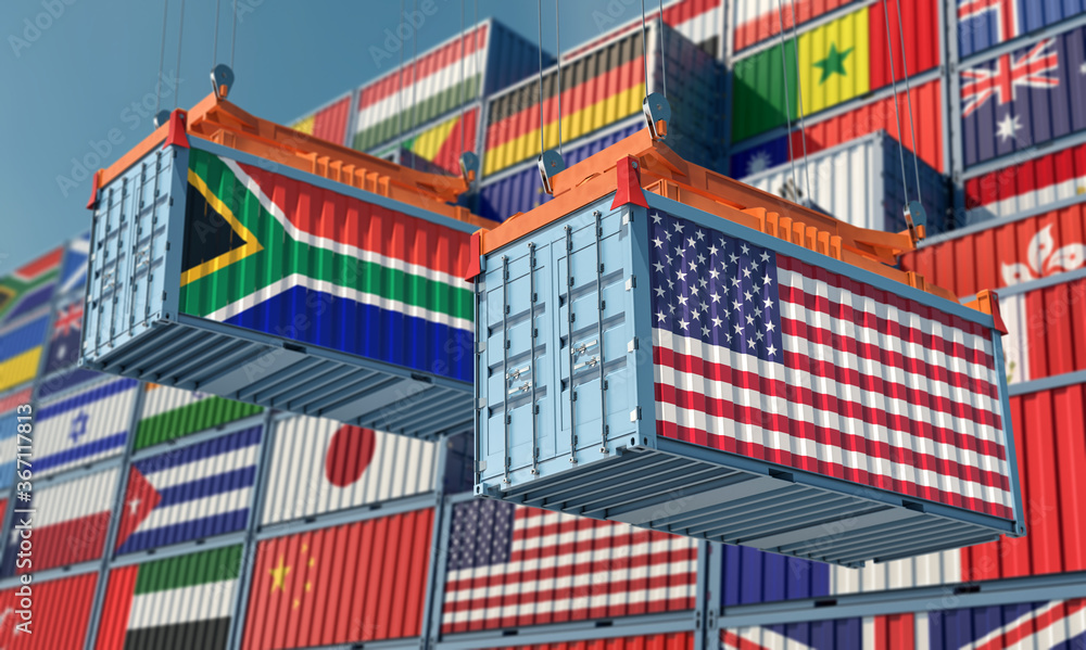 Freight containers with USA and South Africa flag. 3D Rendering 