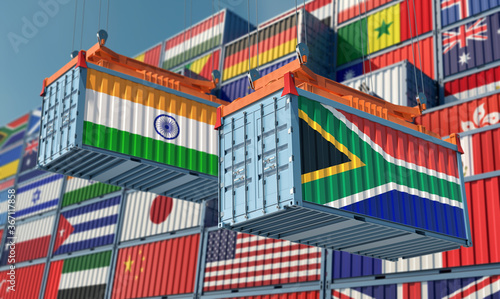 Freight containers with India and South Africa flag. 3D Rendering 