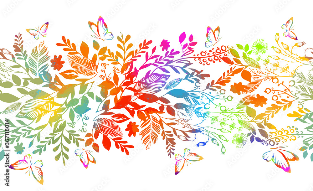 seamless floral multicolored pattern with butterflies. Vector illustration