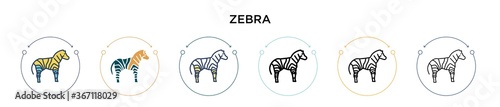 Zebra icon in filled, thin line, outline and stroke style. Vector illustration of two colored and black zebra vector icons designs can be used for mobile, ui, web
