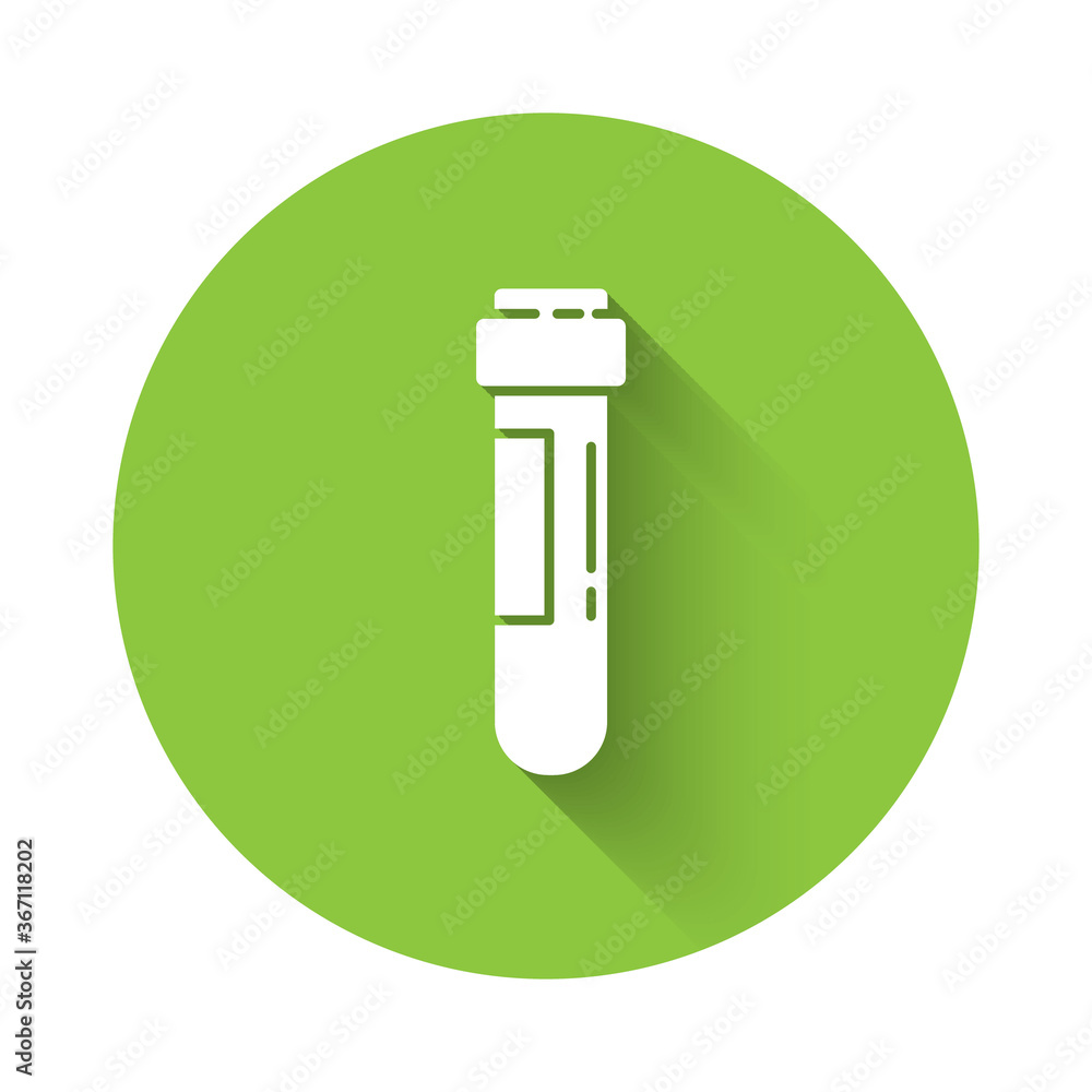 White Test tube or flask with blood icon isolated with long shadow. Laboratory, chemical, scientific glassware sign. Green circle button. Vector Illustration.