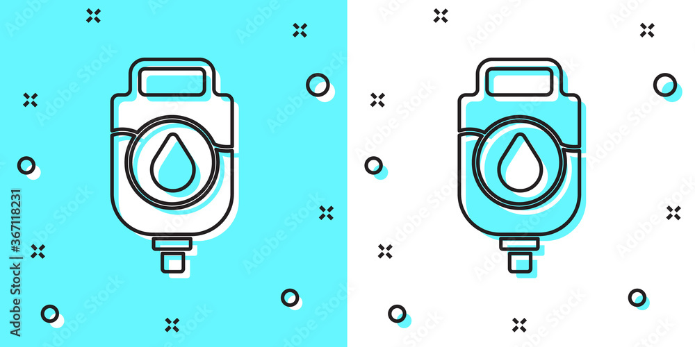 Black line IV bag icon isolated on green and white background. Blood bag. Donate blood concept. The concept of treatment and therapy, chemotherapy. Random dynamic shapes. Vector Illustration. Black line IV bag icon isolated on green and white background. Blood bag. Donate blood concept. The concept of treatment and therapy, chemotherapy. Random dynamic shapes. Vector Illustration.