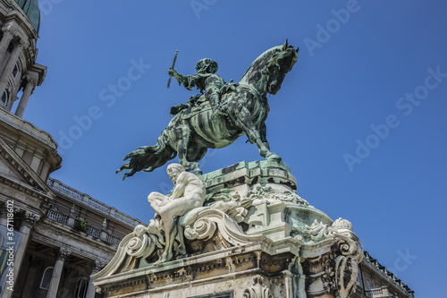 Bronze equestrian statue representing Prince Eugene of Savoy (1900), a hero who was responsible for defeating the Ottoman Army and liberating Budapest from the Turks. Buda castle, Budapest, Hungary.