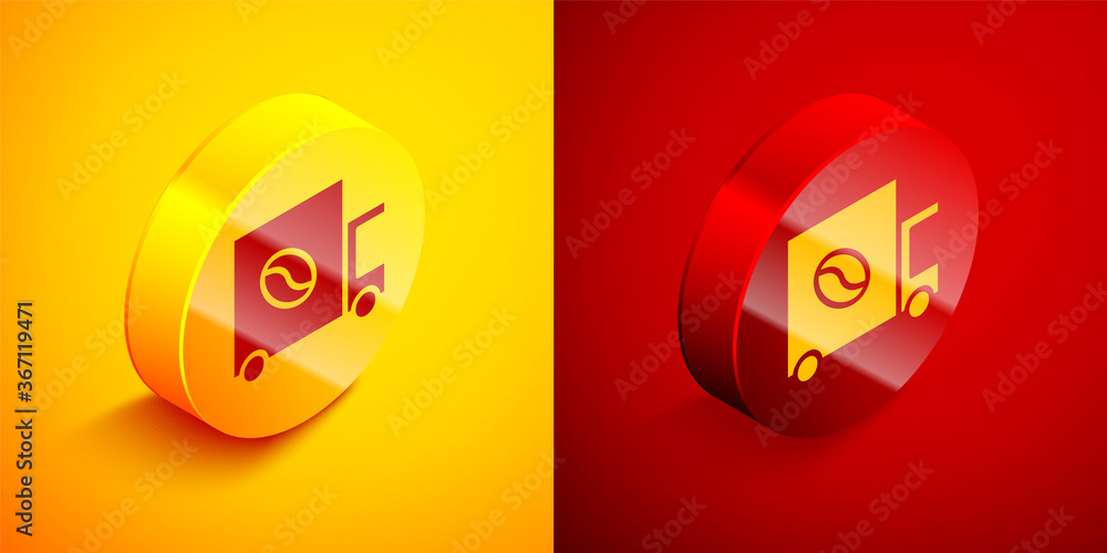 Isometric Coffee street truck machine icon isolated on orange and red background. Delivery coffee. Circle button. Vector Illustration. Isometric Coffee street truck machine icon isolated on orange and red background. Delivery coffee. Circle button. Vector Illustration.