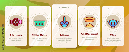 Sieve Kitchen Utensil Onboarding Mobile App Page Screen Vector. Sieve Colander Cuisine Equipment For Sifting Flour In Different Form And Style Illustrations