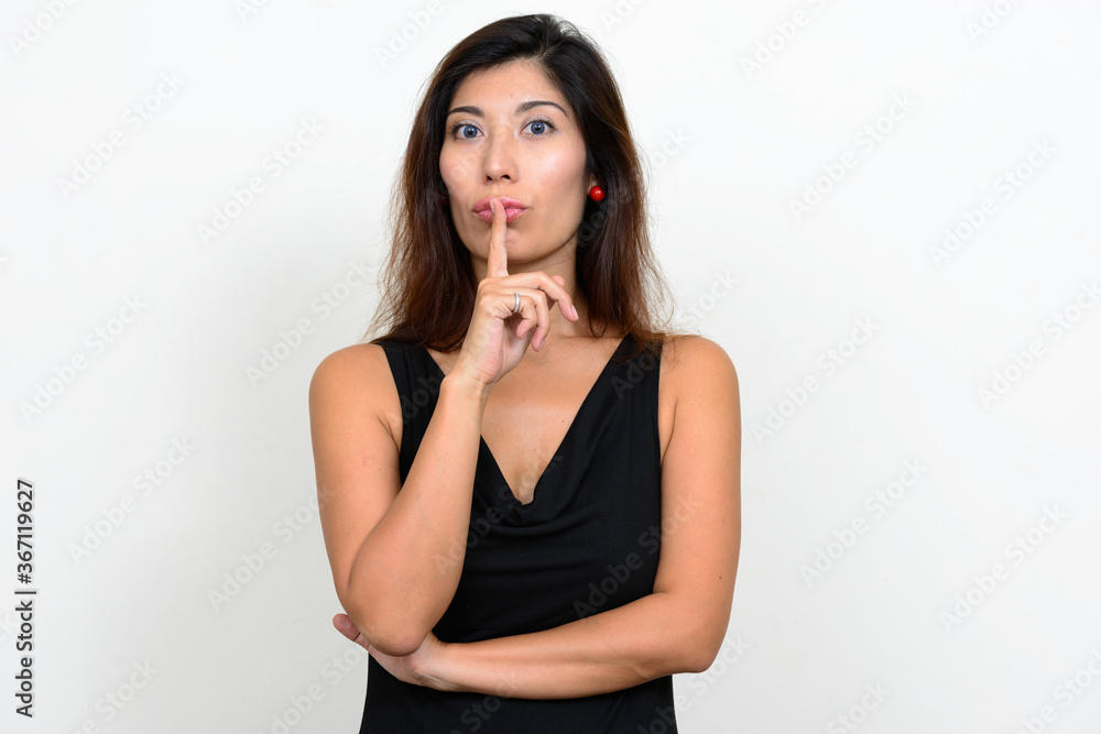 Portrait of young beautiful woman with finger on lips Portrait of young beautiful woman with finger on lips