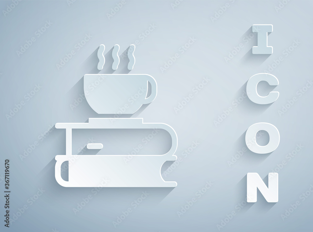 Paper cut Coffee cup and book icon isolated on grey background. Tea cup. Hot drink coffee. Paper art style. Vector Illustration. Paper cut Coffee cup and book icon isolated on grey background. Tea cup. Hot drink coffee. Paper art style. Vector Illustration.