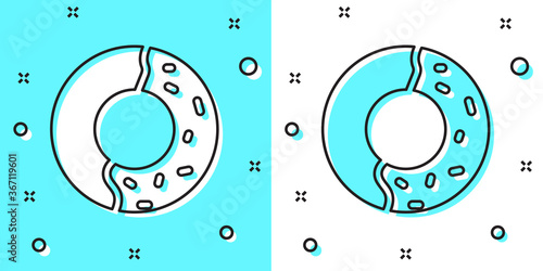 Black line Donut with sweet glaze icon isolated on green and white background. Random dynamic shapes. Vector Illustration.