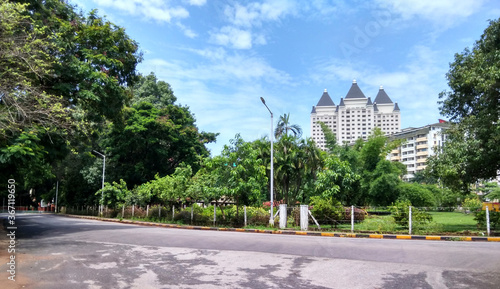 The view of the campus of Manipal Academy of Higher Education (MAHE), Manipal, Udupi, Karnataka, India. The Royal embassy building can be seen in background. photo