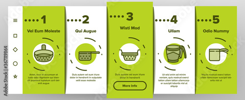 Sieve Kitchen Utensil Onboarding Mobile App Page Screen Vector. Sieve Colander Cuisine Equipment For Sifting Flour In Different Form And Style Illustrations