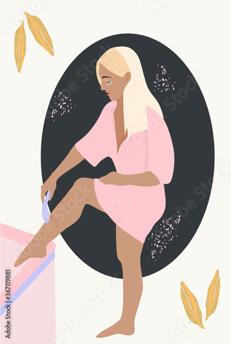 Young woman shaving her legs in bathroom. Female character with eye patches and in cute pink morning gown. Spa,depilation and body care concept. Daily routine. Girl holding razor. Flat vector bathroom
