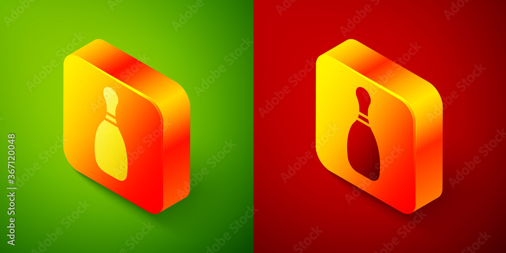 Isometric Bowling pin icon isolated on green and red background. Square button. Vector Illustration. Isometric Bowling pin icon isolated on green and red background. Square button. Vector Illustration.