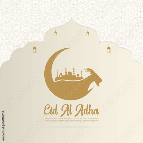 Happy Eid al adha mubarak islamic background with lantern, mosque, and goat. Mubarak Islamic background