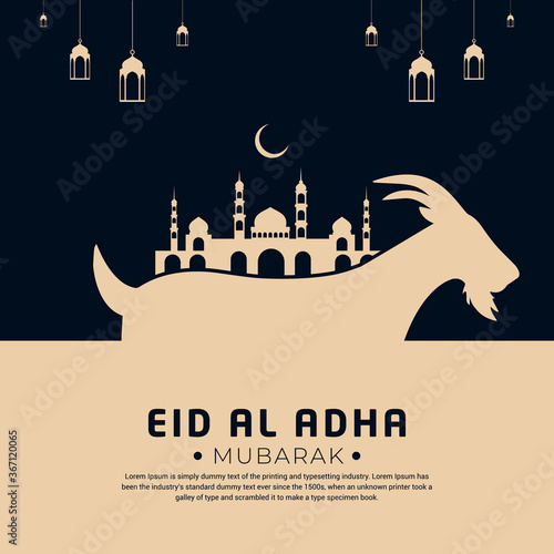 Flat style eid al adha design with mosque, lantern and goat. Mubarak islamic festival background photo