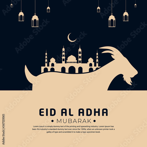 Flat style eid al adha design with mosque, lantern and goat. Mubarak islamic festival background