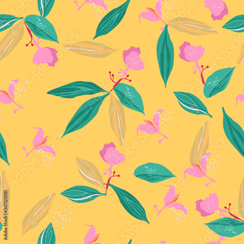 Medinilla showy pink tropical florets with big leaves seamless pattern. Large panicles. Juicy summer print.Wildflower that blooms.Hand drawn trendy vector illustration for linens,phone case