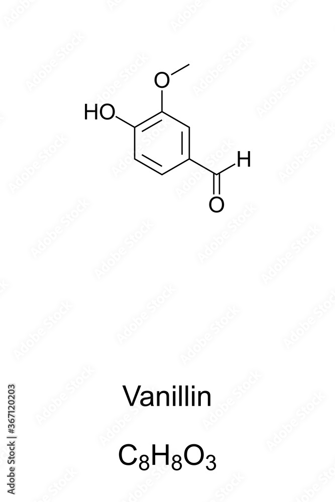 Vanillin, chemical structure and formula. Primary component of vanilla