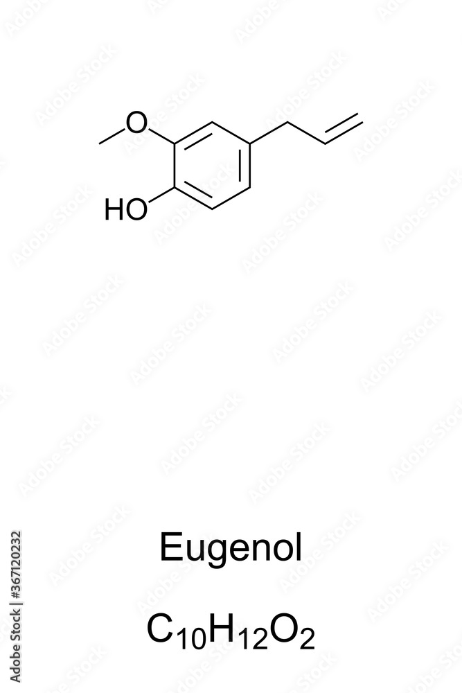 Eugenol, chemical structure and formula. Clove odor. Extracted mainly