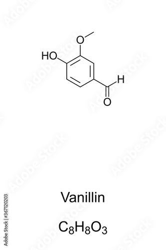 Vanillin, chemical structure and formula. Primary component of vanilla bean extract. Mainly synthetic vanillin is used as flavoring agent in foods, beverages and pharmaceuticals. Illustration. Vector.