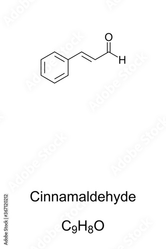 Cinnamaldehyde, chemical structure and formula. Organic compound that gives cinnamon its flavor and odor. The essential oil of cinnamon bark is about 90 percent cinnamaldehyde. Illustration. Vector.