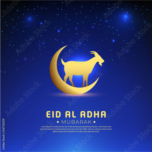 Eid al adha design with starry night background and shinny crescent moon and goat. Mubarak islamic festival background