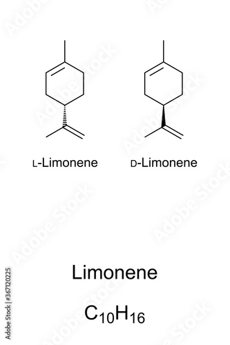 Limonene, chemical structure and formula. Major component of oil of citrus fruit peels. The D-isomer is more commonly in nature as the fragrance of oranges. The L-isomer is found in mint oils. Vector.
