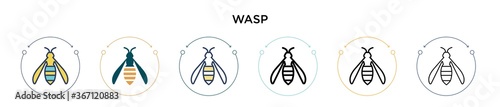 Wasp icon in filled, thin line, outline and stroke style. Vector illustration of two colored and black wasp vector icons designs can be used for mobile, ui, web