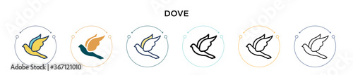Dove icon in filled, thin line, outline and stroke style. Vector illustration of two colored and black dove vector icons designs can be used for mobile, ui, web