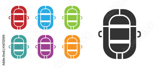 Black Rafting boat icon isolated on white background. Inflatable boat. Water sports, extreme sports, holiday, vacation. Set icons colorful. Vector Illustration.