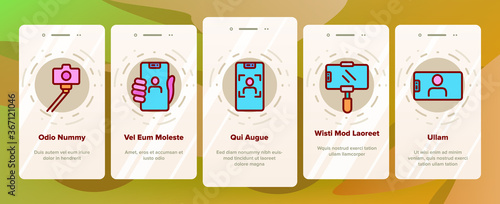 Selfie Photo Camera Onboarding Mobile App Page Screen Vector. Selfie Stick Tool And Smartphone Digital Device For Make Photography Card Illustrations