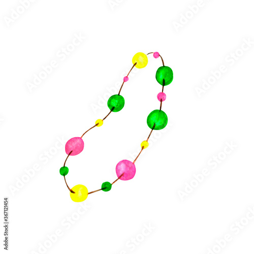 Colorful beads on string(yellow,green,blue)isolated on white background.Watercolor handdrawn illustration.For baby birthday postcards,invitations,stickers,posters,print on clothes,to create patterns. photo