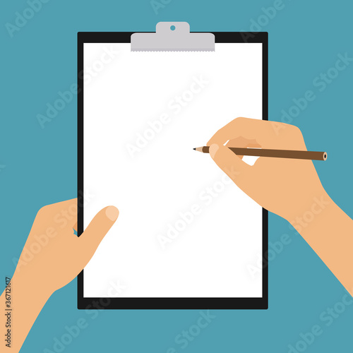 Flat design illustration of a clipboard with a blank sheet of white paper. Hand holding a pencil and space for text or drawing. Isolated on green background, vector
